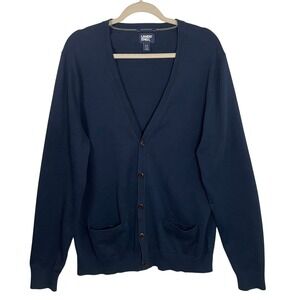Lands End Mens Navy Blue Supima Cotton V-Neck Button Cardigan Sweater L/T